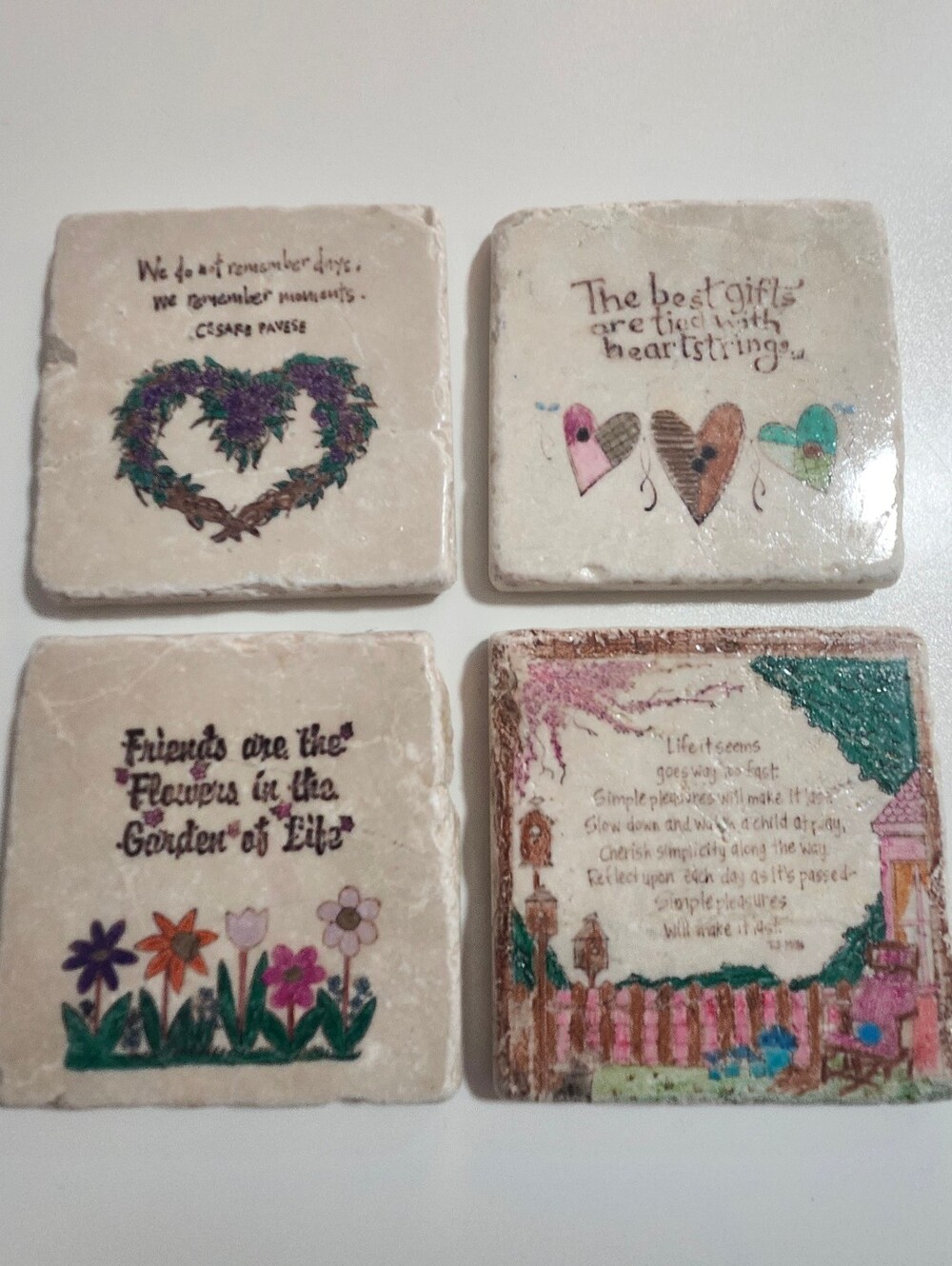 Rustic Vintage Stone Quote Coaster Set - Ivory with Multicolor Accents